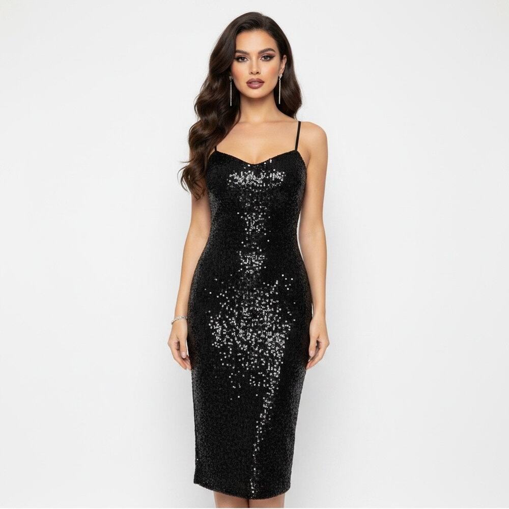NWT Express Black Sequin Bodycon Sleeveless Midi Dress XS Cocktail Party Club